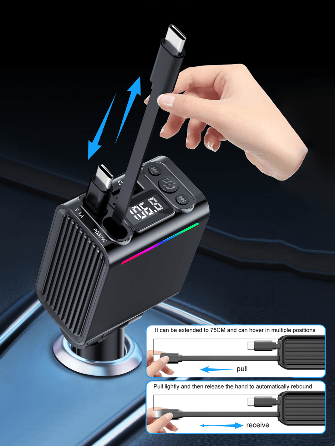 Fm Transmitter - Retractable 75CM USB-C Bluetooth Car Adapter